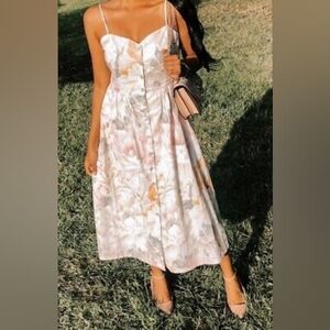 H&M Pastel Floral Sundress Size L Cream Pink Linen Blend Easter NEW